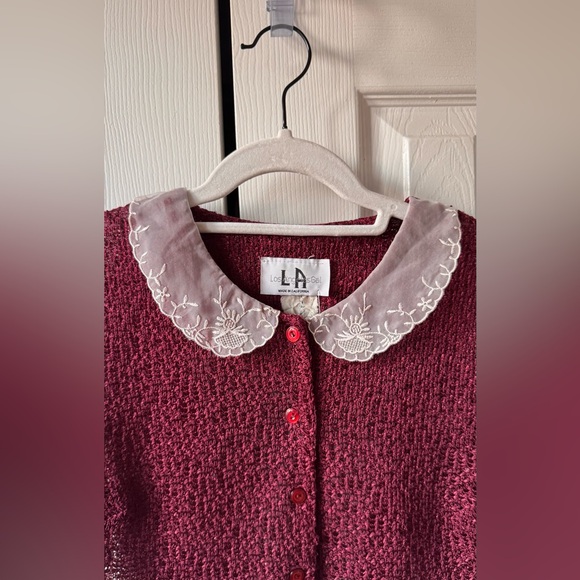 Vintage Coastal Granny Knit Cardigan Burgundy White Mesh and Embroidered Collar - Picture 5 of 11